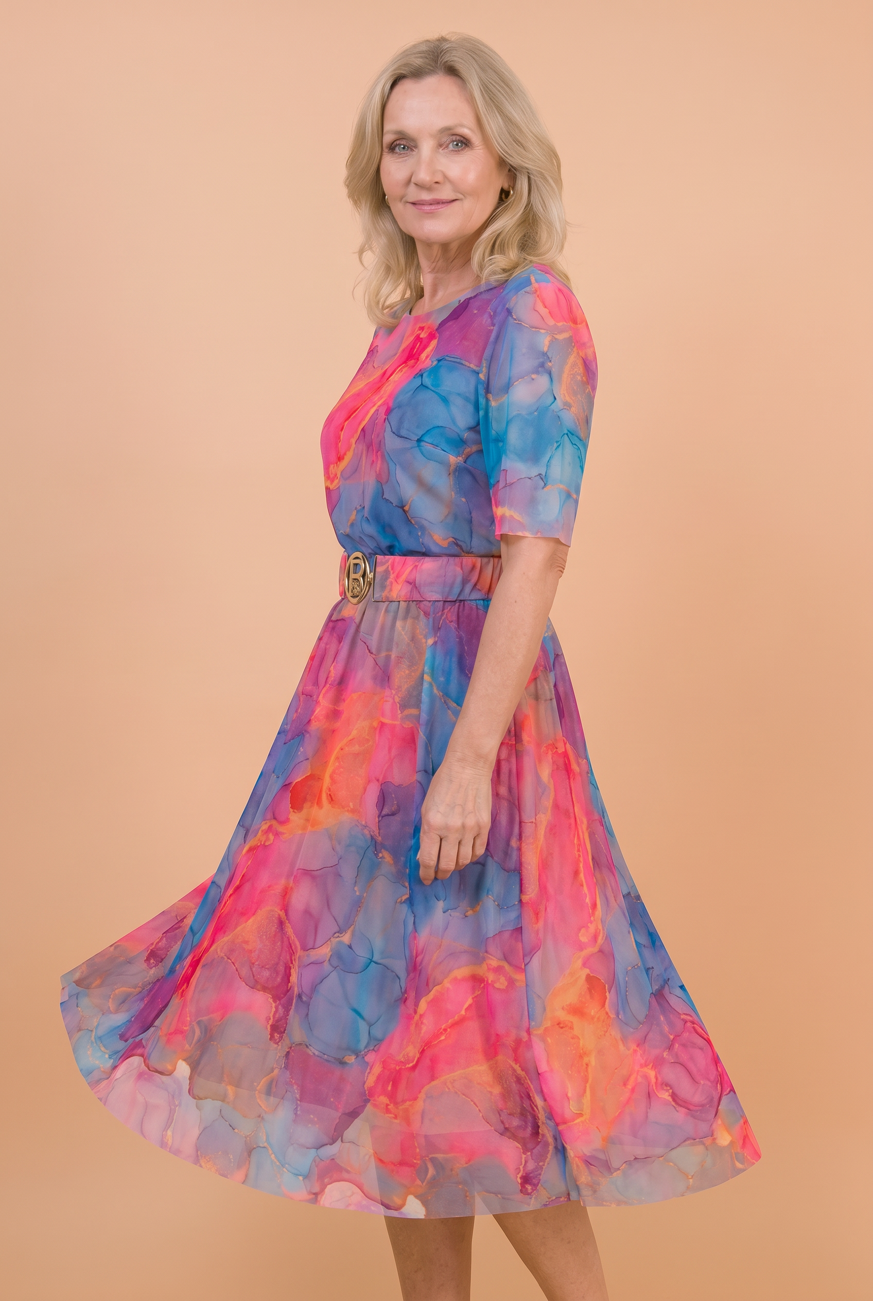 Sukienka Akwarela Plus Size — Zwiewna Midi z Paskiem | Mesh, Polska Szwalnia