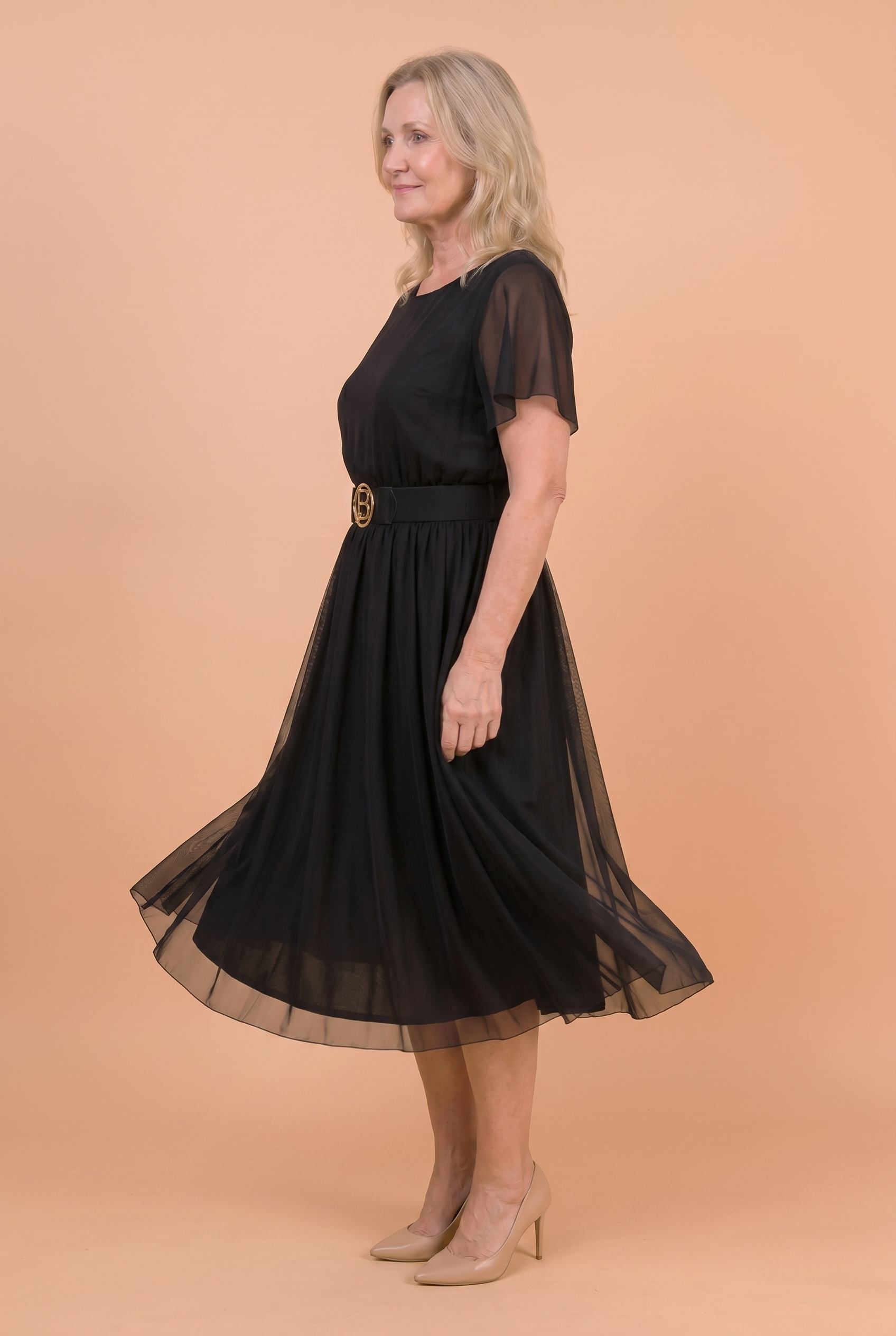 Sukienka Akwarela Plus Size — Zwiewna Midi z Paskiem | Mesh, Polska Szwalnia