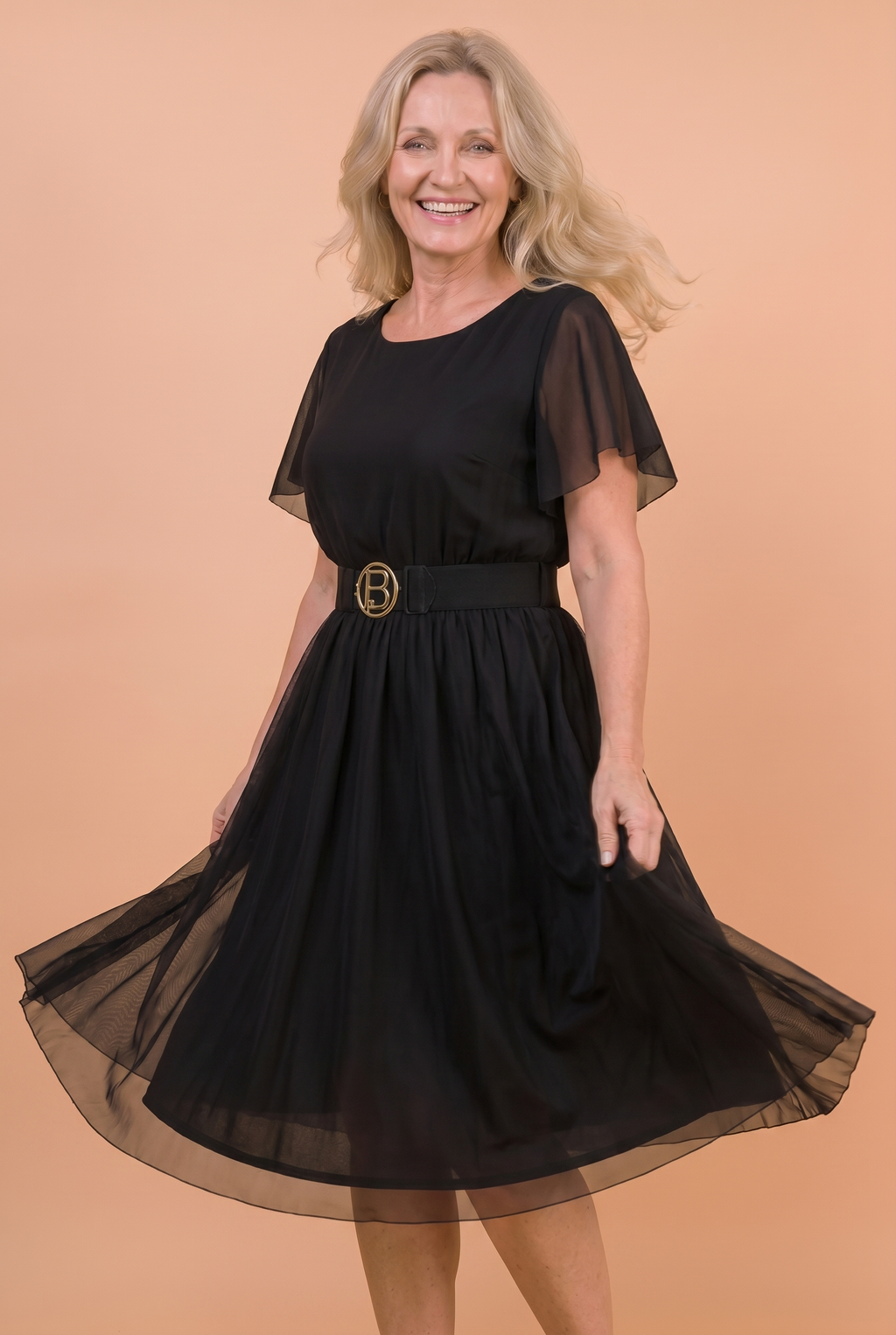 Sukienka Akwarela Plus Size — Zwiewna Midi z Paskiem | Mesh, Polska Szwalnia