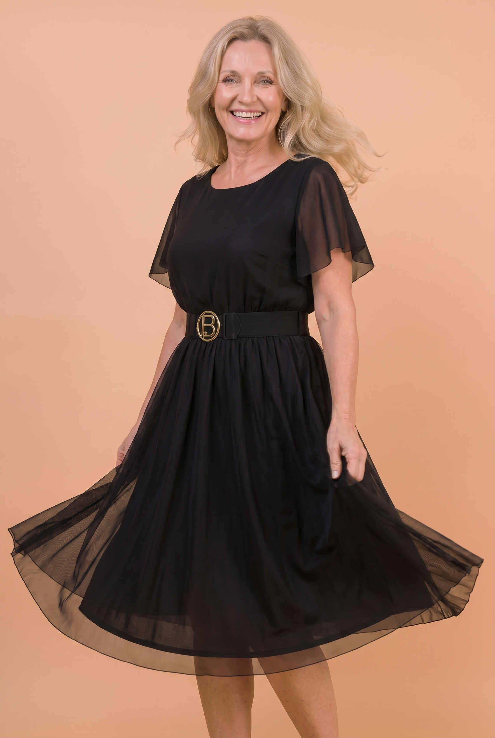 Sukienka Akwarela Plus Size — Zwiewna Midi z Paskiem | Mesh, Polska Szwalnia