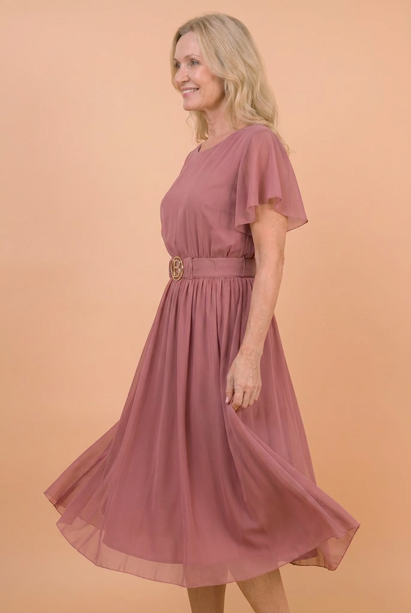 Sukienka Akwarela Plus Size — Zwiewna Midi z Paskiem | Mesh, Polska Szwalni