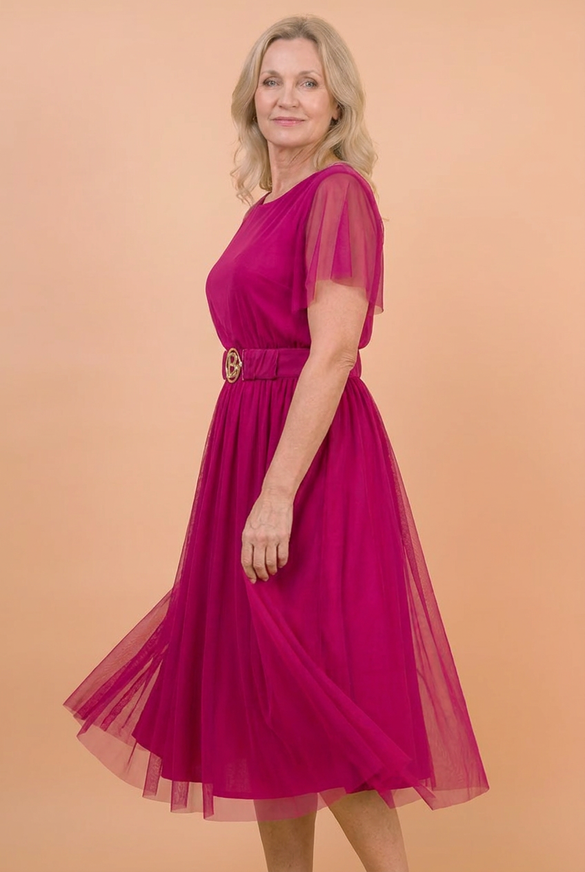 Sukienka Akwarela Plus Size — Zwiewna Midi z Paskiem | Mesh, Polska Szwalni