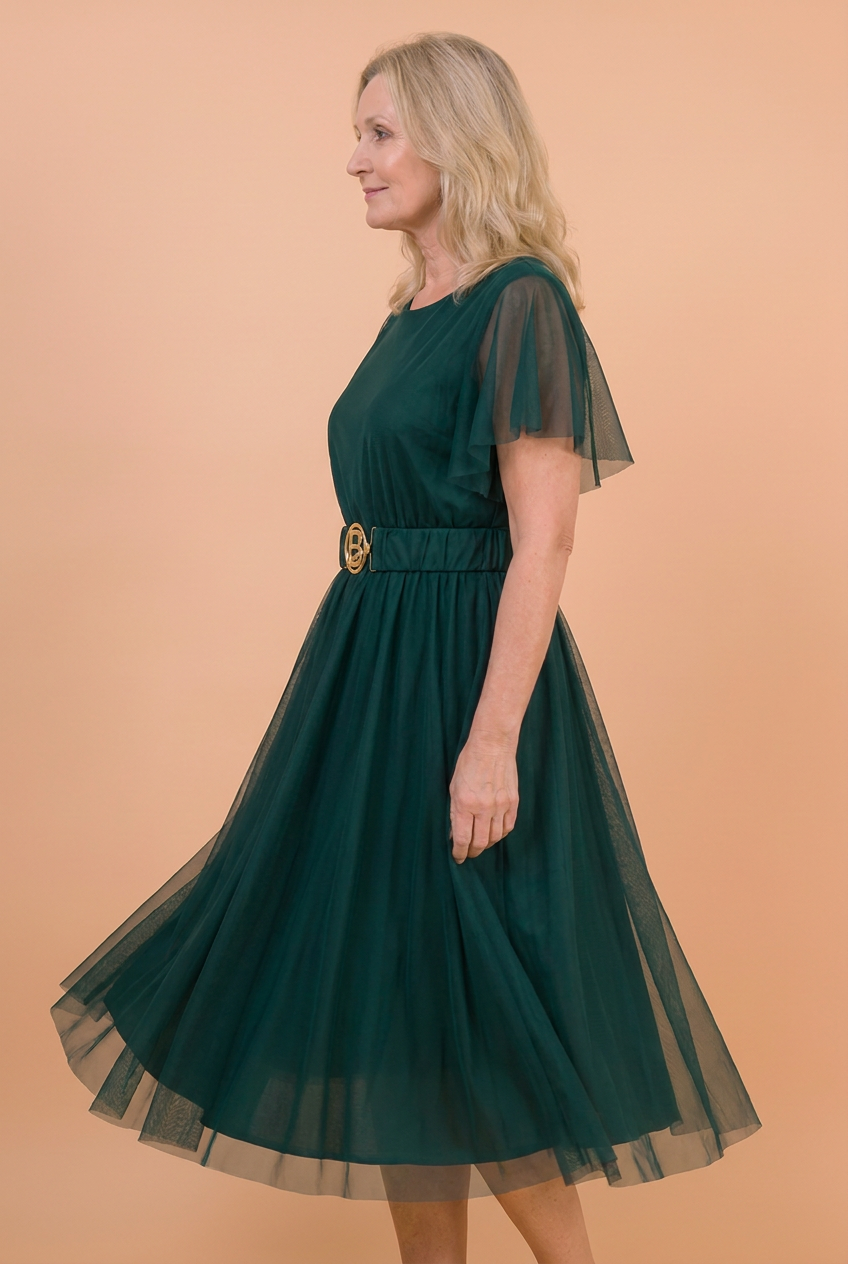 Sukienka Akwarela Plus Size — Zwiewna Midi z Paskiem | Mesh, Polska Szwalni