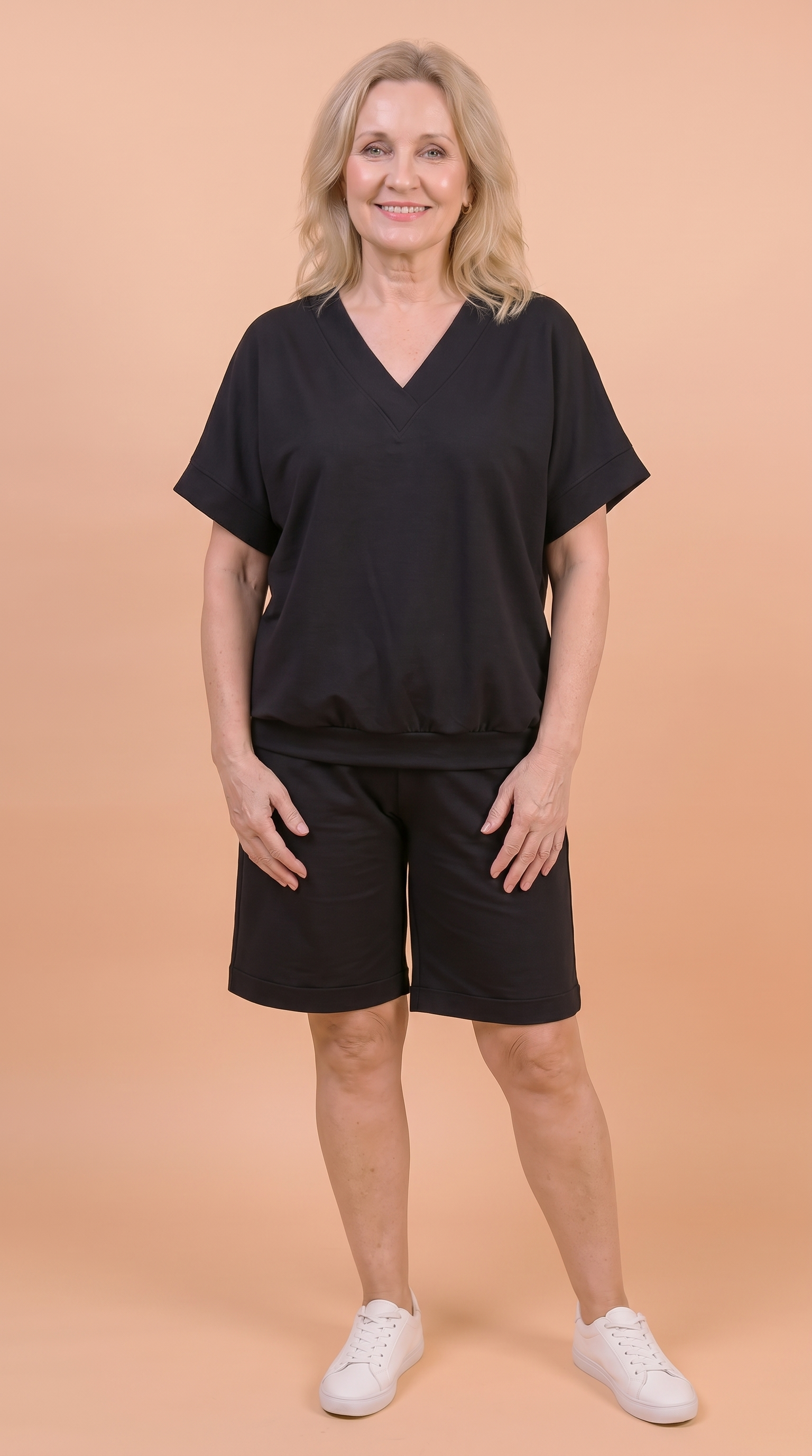 Komplet Letni Masełko — bluzka z dekoltem w serek i szorty do kolan plus size | 100% Masełko (wiskoza) Polska szwalnia