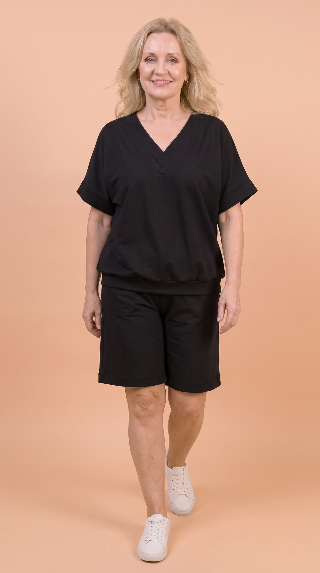 Komplet Letni Masełko — bluzka z dekoltem w serek i szorty do kolan plus size | 100% Masełko (wiskoza) Polska szwalnia