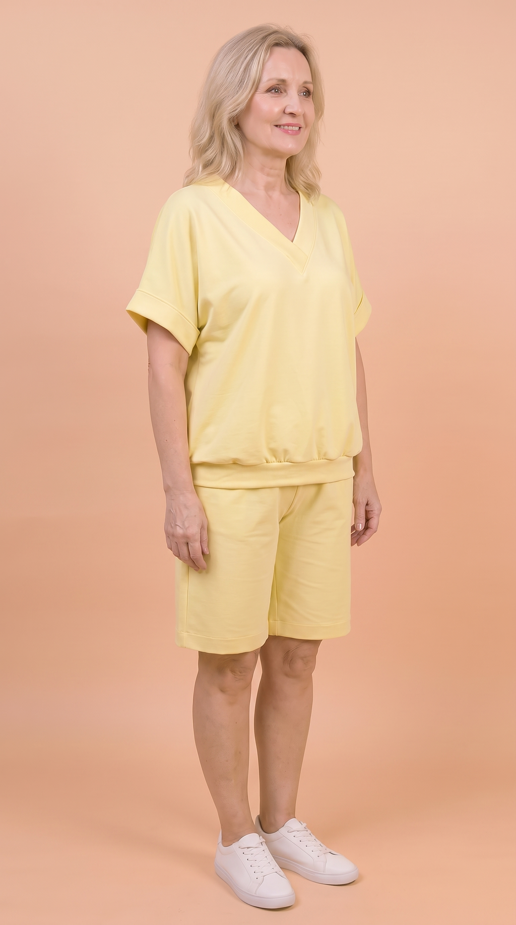Komplet Letni Masełko — bluzka z dekoltem w serek i szorty do kolan plus size | 100% Masełko (wiskoza) Polska szwalnia