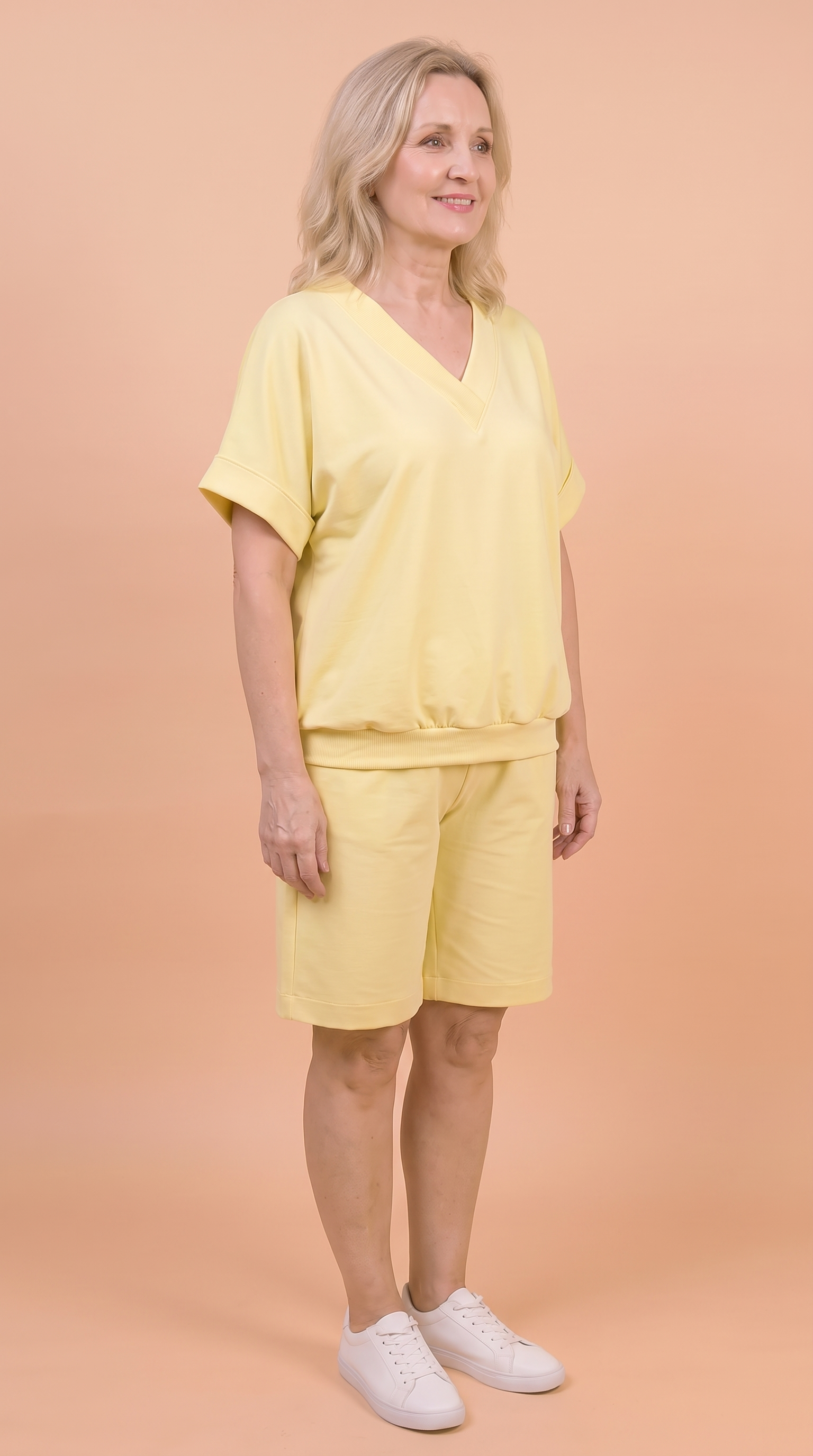 Komplet Letni Masełko — bluzka z dekoltem w serek i szorty do kolan plus size | 100% Masełko (wiskoza) Polska szwalnia